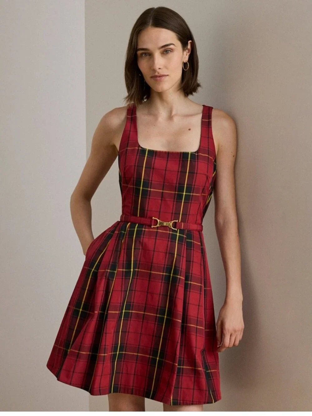 Ralph Lauren Tartan Square-Neck Plaid Belted Dress Size 10 NWT - Picture 2 of 3